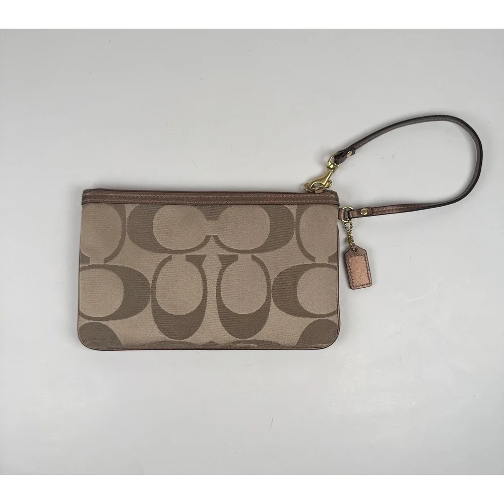 Coach Signature Monogram Wristlet Bag Flower Applique Khaki Tan‎ Large Y2K
